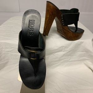 Michael Kors black leather wood heel sandals